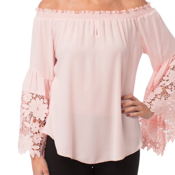 Joseph Ribkoff NWT Light Pink Off Shoulder Blouse w/ Floral Lace Sz 6 - Picture 1 of 11